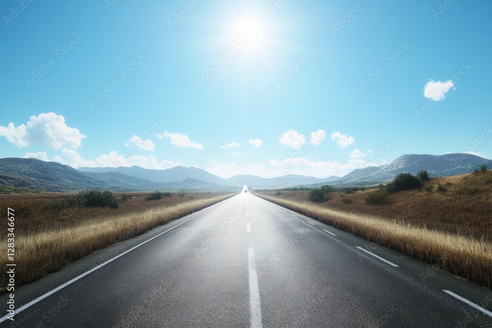 Fototapeta premium Endless road under bright sun in vast landscape. AI image