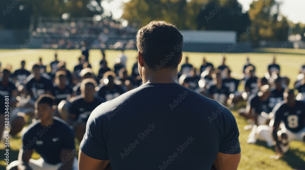 Fototapeta premium College stadium with a coach giving a pre-game speech. Featuring leadership and strategy
