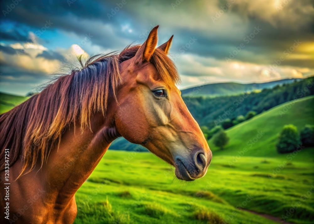 Obraz premium Brown horse, profile, in a fantastical green landscape. Artistic equine photography; surreal, dreamlike art.