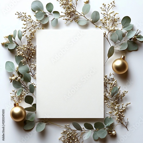 Holiday greeting card mockup: blank paper with gold Christmas ornaments, eucalyptus, green foliage. Elegant template for festive invites, greetings, and eco-friendly designs.