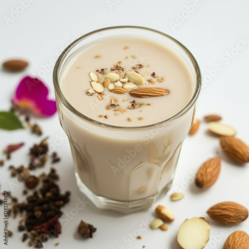 Holi. Traditional Thandai drink (with almonds and spices) on a white background