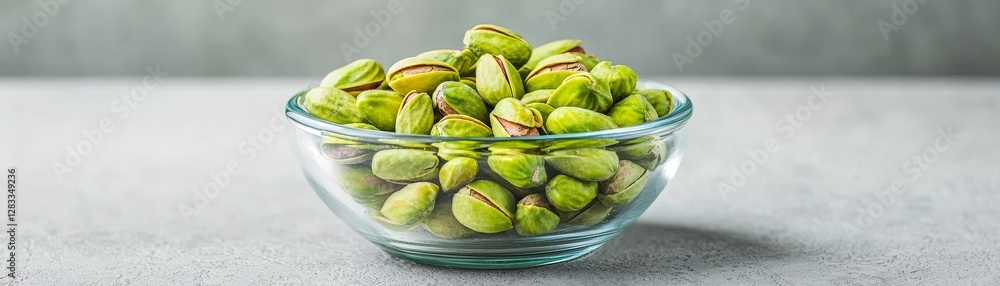 A clear glass bowl filled with green pistachios, showcasing their vibrant color and texture against a neutral background. A clear glass bowl filled with green pistachios, showcasing their vibrant color and texture against a neutral background.