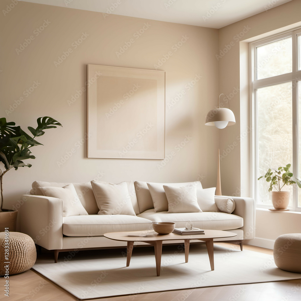 Fototapeta premium Soft Beige-Toned Living Room: A modern living space featuring a low-profile white sofa, soft beige walls, and natural light streaming in.