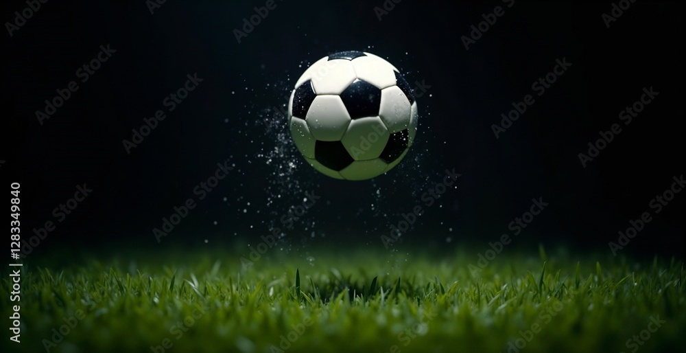 Naklejka premium Soccer ball soaring above a wet grass field in a dramatic spotlight