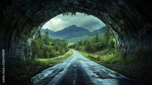 Highway tunnel under bridge in rainy weather. Vector cartoon illustration of wet road running through stone bridgework arch between mountains, forest trees, green grass on hills. Game background