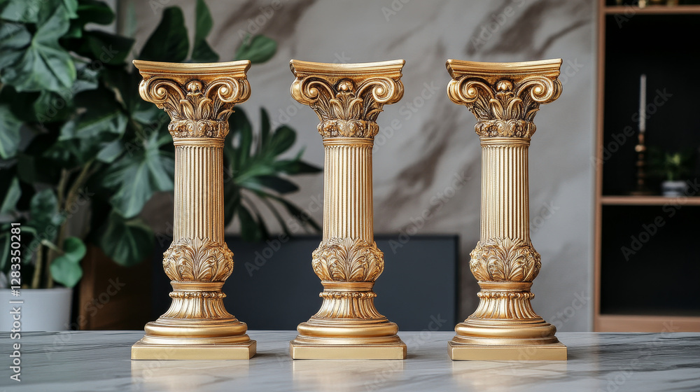 Obraz premium Antique gold pillars set. Ancient columns with golden decorative texture isolated on white background. Roman or greece facade decoration, luxury architecture elements, Realistic 3d vector illustration