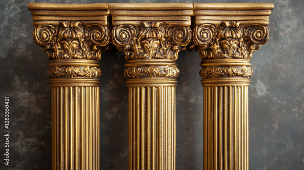 Obraz premium Antique gold pillars set. Ancient columns with golden decorative texture isolated on white background. Roman or greece facade decoration, luxury architecture elements, Realistic 3d vector illustration