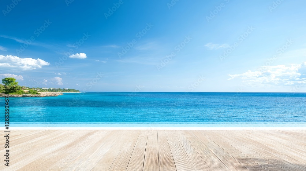 Fototapeta premium Tranquil Ocean View from a Modern Wooden Deck under Clear Sky