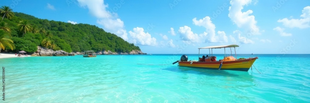 Azure Caribbean waters lap a pristine shore; vibrant boat floats serenely , tranquil, turquoise, ocean Azure Caribbean waters lap a pristine shore; vibrant boat floats serenely , tranquil, turquoise, ocean