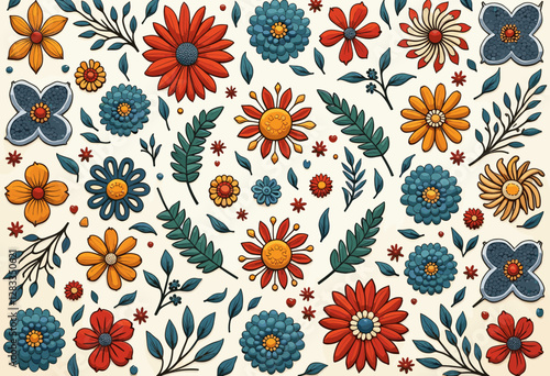 a variety of flowers and leaves in shades of orange, blue, and yellow, arranged in a circular pattern with green leaves and red flowers.