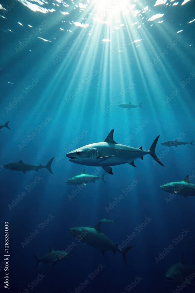 Fototapeta premium Blue water, enormous jackfish aggregation, sunlight dappling surface , marine, underwater, underwater scene