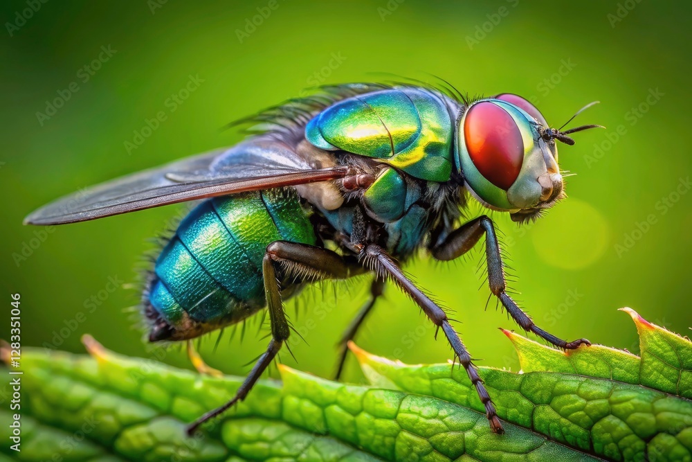 Close-up macro: a housefly's iridescent body gleams on a green leaf. Close-up macro: a housefly's iridescent body gleams on a green leaf.
