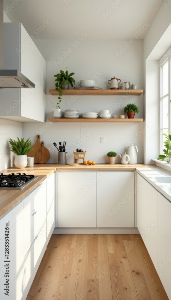 Fototapeta premium Bright kitchen banner, white cabinets, wooden floor, breakfast on countertop, rustic, home, modern