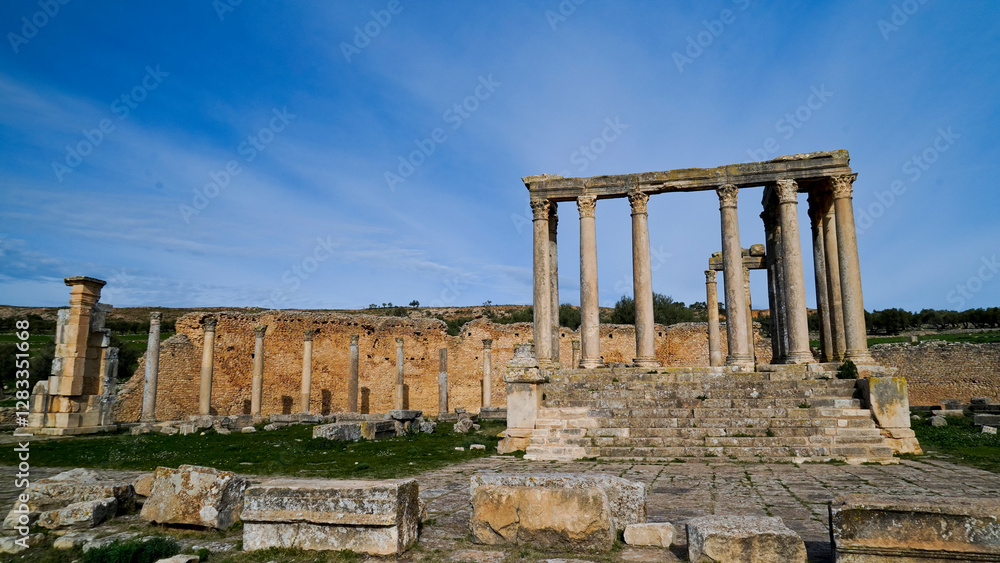 Obraz premium L'area archeologica di Dougga,Thugga,con gli spettacolari resti dell'antica città Romana patrimonio mondiali dell'umanità dell'UNESCO ,Tunisia