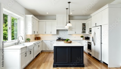 Wallpaper Mural Bright white kitchen, dark island, farmhouse sink, range hood, luxury, contemporary Torontodigital.ca