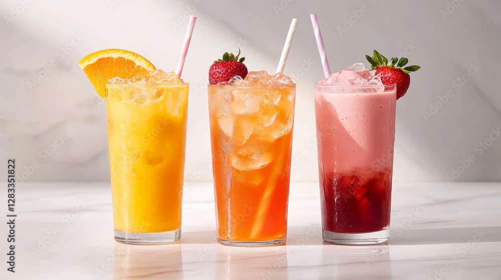 Glass of orange juice, cola and milkshake with straws top view. Vector realistic set of cold drinks in glass cups, strawberry cocktail, soda with ice and fruit juice isolated on transparent background Glass of orange juice, cola and milkshake with straws top view. Vector realistic set of cold drinks in glass cups, strawberry cocktail, soda with ice and fruit juice isolated on transparent background