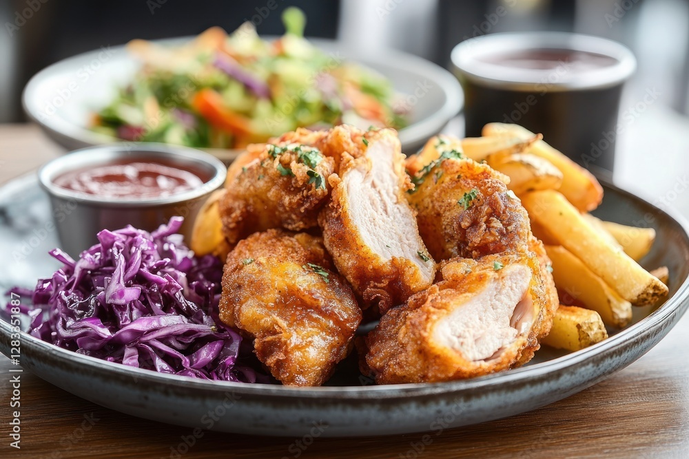 Crispy Fried Chicken with Fries and Purple Cabbage Salad Crispy Fried Chicken with Fries and Purple Cabbage Salad
