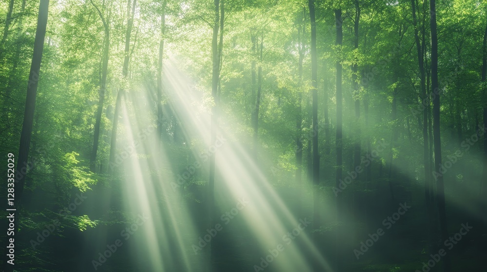Sunlight Streaming Through Lush Green Forest Canopy and Trees Sunlight Streaming Through Lush Green Forest Canopy and Trees