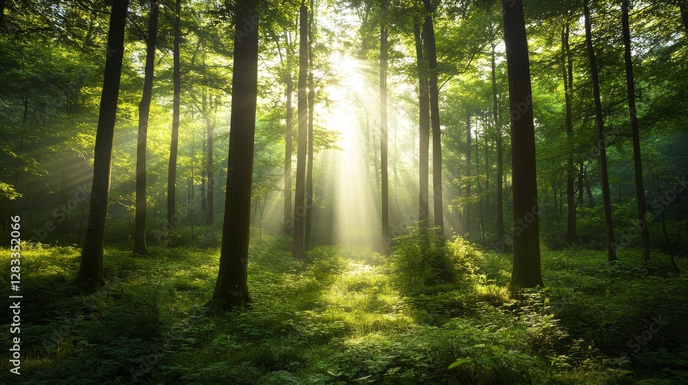 Obraz premium Sunlight Streaming Through Trees in Lush Green Forest Landscape