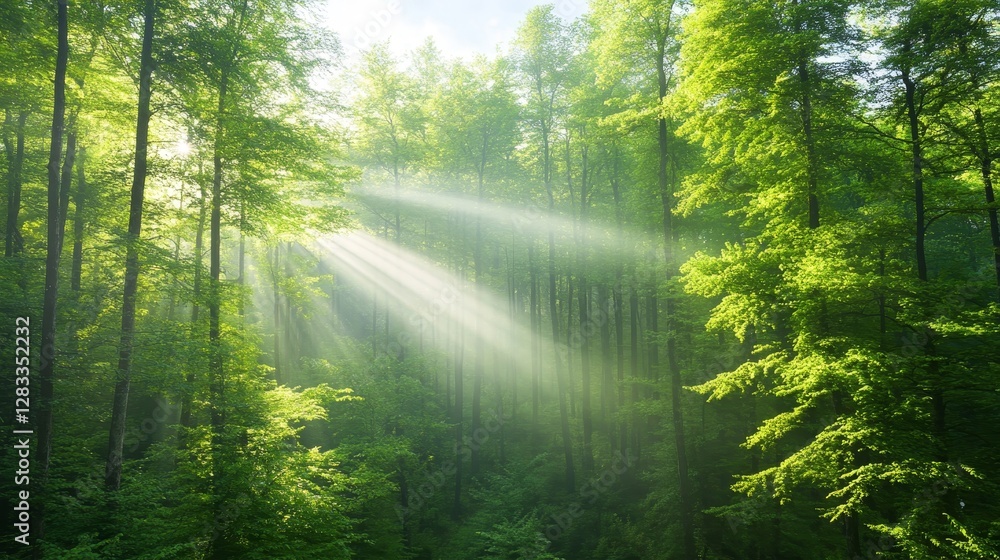 Obraz premium Gentle Sunlight Filtering Through Lush Green Forest Canopy