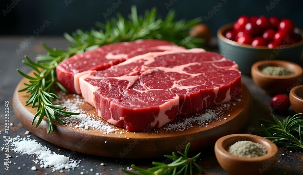 Rustic Culinary Scene – Raw Steaks with Cranberries and Aromatic Spices
Rustic Culinary Scene – Raw Steaks with Cranberries and Aromatic Spices