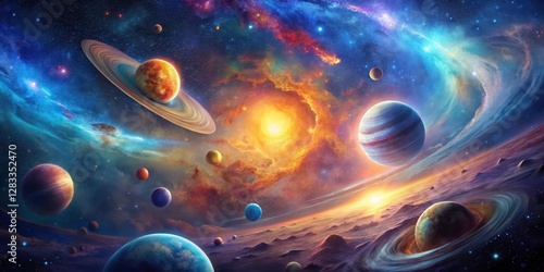 Cosmic dance of planets and stars in a vibrant galaxy scene with swirling clouds of gas and dust, celestial bodies, cosmic dance