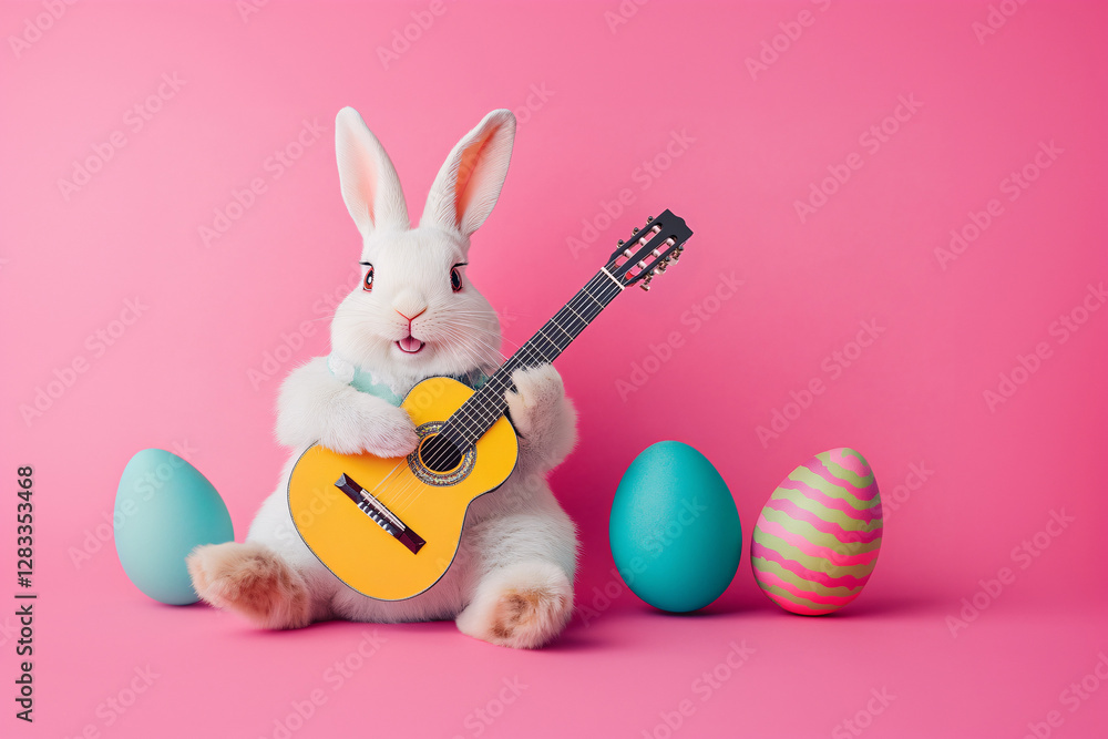 Fototapeta premium Funny white easter bunny playing a guitar surrounded by easter eggs on pink studio background
