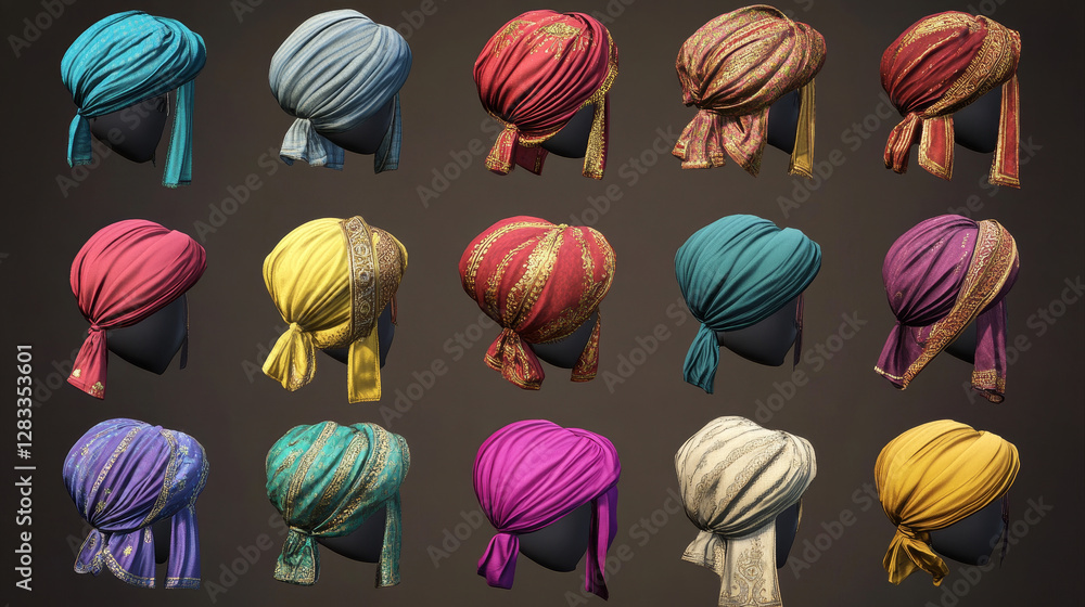 Turbans, indian and arab headdress for man and woman. Vector realistic set of blank winding headscarves, traditional clothes in India, pagdi isolated on white background