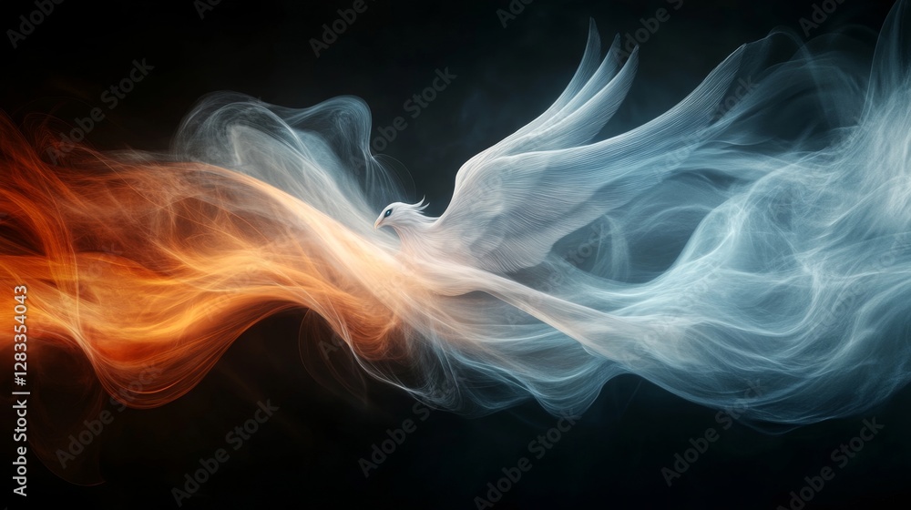 Obraz premium Ethereal Bird in Motion with Colorful Smoke Trails in Dark Background