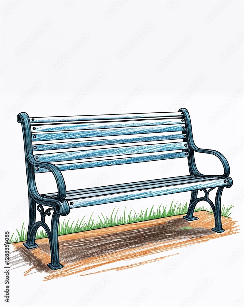 Metal park bench with curved armrests child like drawing on a white background crayon art whimsical youthful hand drawn cartoon Metal park bench with curved armrests child like drawing on a white background crayon art whimsical youthful hand drawn cartoon