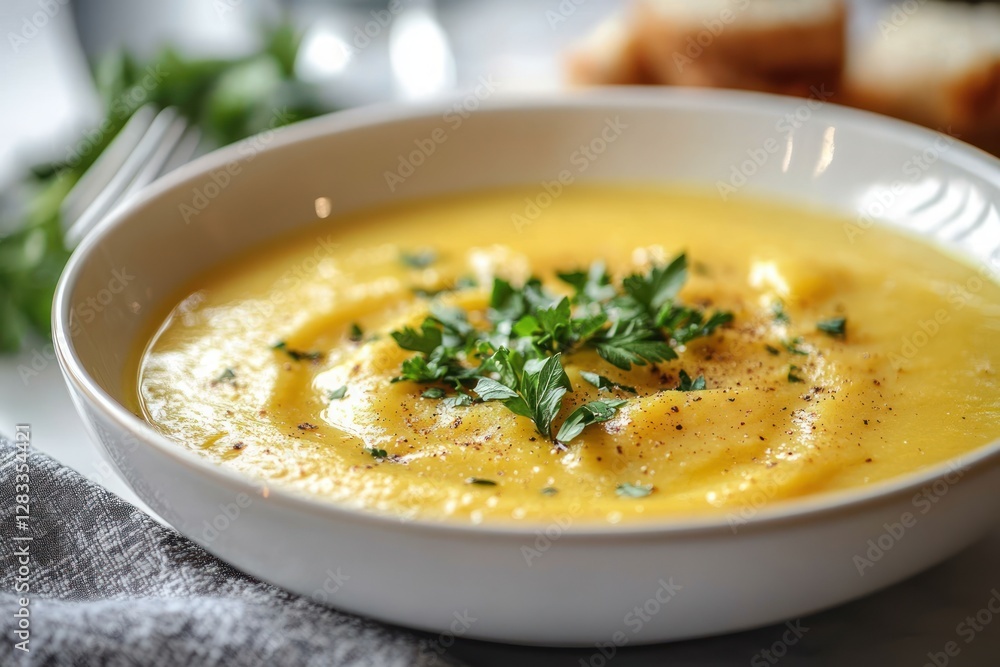 Creamy Vegetable Soup in White Bowl with Fresh Parsley Creamy Vegetable Soup in White Bowl with Fresh Parsley