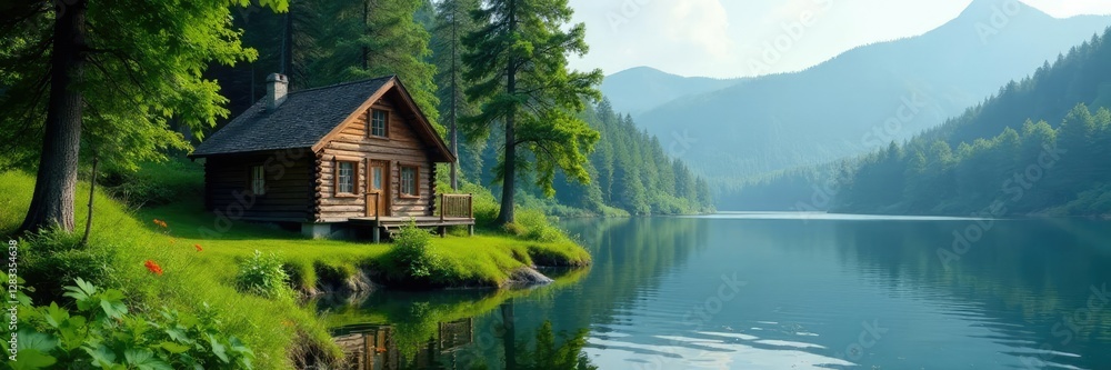 A wooden cabin nestled among lush greenery by a serene lake, forest, peaceful, natural A wooden cabin nestled among lush greenery by a serene lake, forest, peaceful, natural