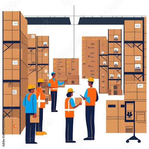 Warehouse Workers Illustration, Logistics Operation Scene, Stacked Boxes Visual, Supply Chain Concept, Inventory Management Art
