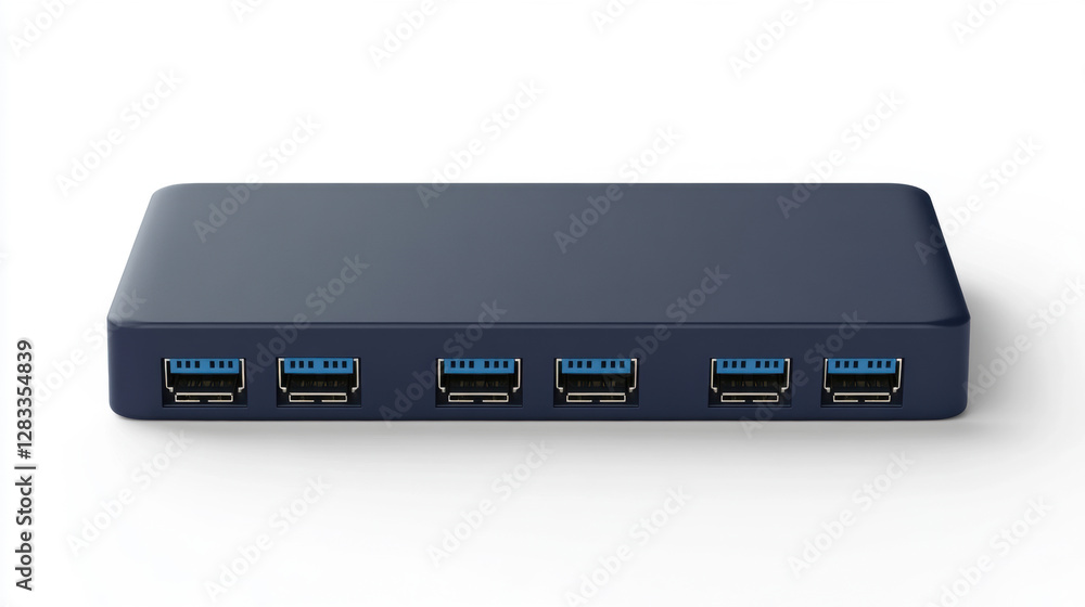 4K UHD hdmi switcher , power supply black and equipped with infrared switch, close up front view. 4K UHD hdmi switcher , power supply black and equipped with infrared switch, close up front view.