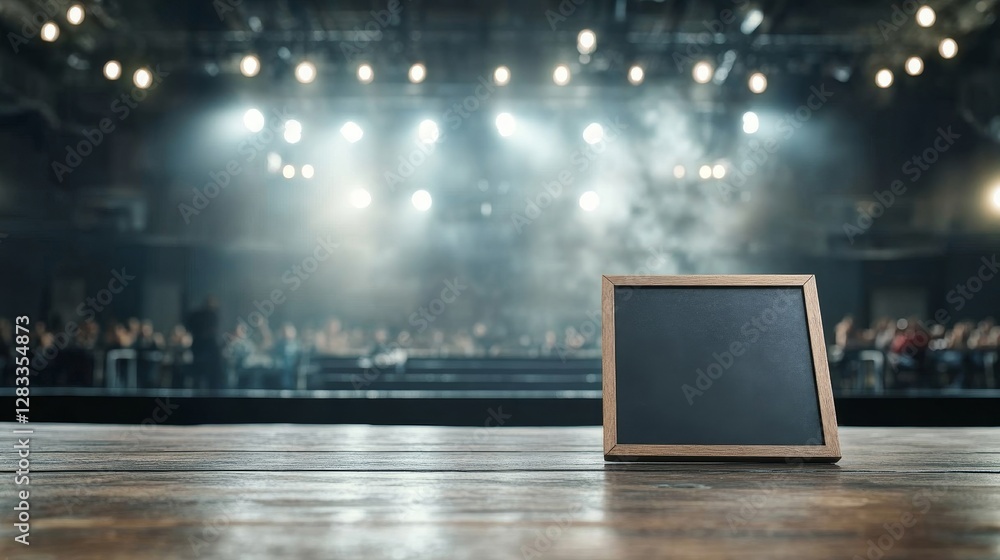 Empty Chalkboard on a Wooden Table in a Stage Environment Empty Chalkboard on a Wooden Table in a Stage Environment