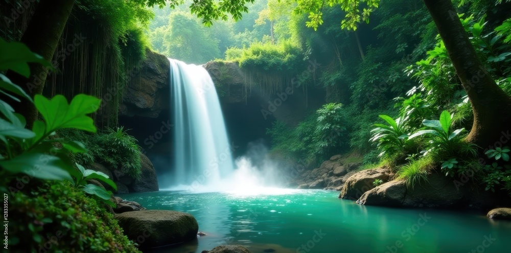 Fototapeta premium Emerald cascade plunges into lush Thai jungle, stock photo, exotic, travel