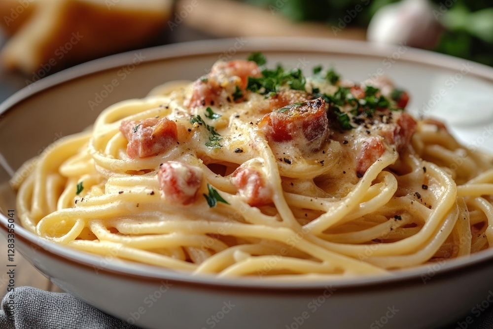 Creamy Spaghetti with Prosciutto and Mushrooms in Natural Light Creamy Spaghetti with Prosciutto and Mushrooms in Natural Light