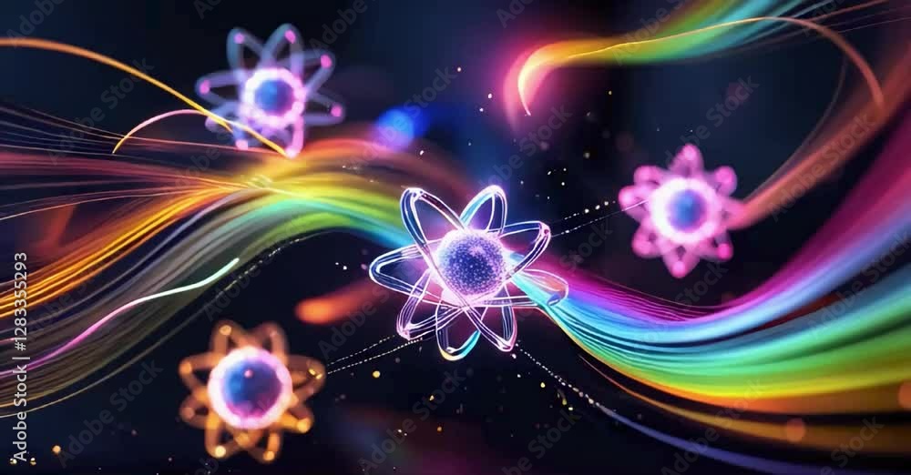 a highly stylized and vibrant photograph of several atomic particles, depicted in a mesmerizing dance of swirling rainbow hues, with delicate a highly stylized and vibrant photograph of several atomic particles, depicted in a mesmerizing dance of swirling rainbow hues, with delicate