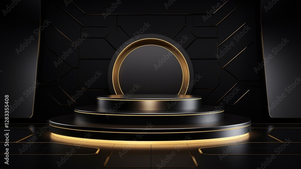 A majestic black and gold tiered display, a symbol of elegant achievement and luxurious presentation, bathed in warm ambient lighting. A majestic black and gold tiered display, a symbol of elegant achievement and luxurious presentation, bathed in warm ambient lighting.