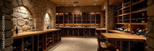Expansive wine cellar, custom racking, stone walls, wine, real estate, drink