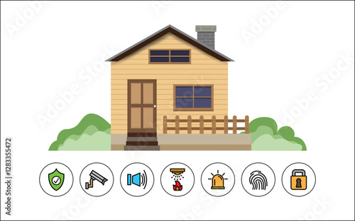 Home security system, icon set, with burglar alarms, home surveillance cameras, Ceiling Fire Sprinkler , vector design.