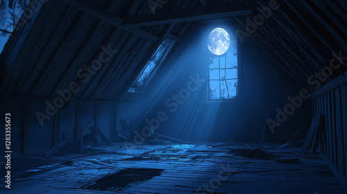 Night abandoned attic broken room interior vector background. Cartoon dark loft inside building with window and moonlight sparkles beam through glass. Hole on floor and wooden wall on desolate mansard photo