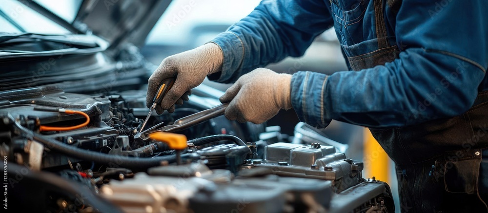 Mechanic Working on Car Engine in Automotive Workshop with Tools and Wrench for Service and Repair Mechanic Working on Car Engine in Automotive Workshop with Tools and Wrench for Service and Repair