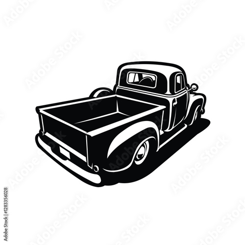 Classic retro farm truck vector monochrome silhouette isolated icon rear view.