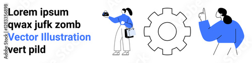 Characters celebrate achievement while solving tasks near gear icon. Ideal for teamwork, productivity, innovation, goals, leadership, strategy, collaboration, flat landing page banner