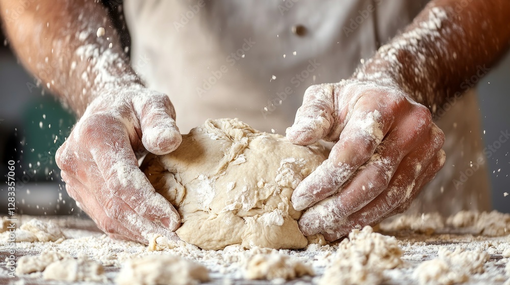 Fototapeta premium Hands Kneading Dough in Floury Kitchen Environment with Baking Tools Present