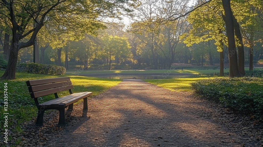 Sunlit Path Through a Tranquil Park,Serene spring park pathway with a wooden bench surrounded by colorful foliage and sunlight filtering through the trees Sunlit Path Through a Tranquil Park,Serene spring park pathway with a wooden bench surrounded by colorful foliage and sunlight filtering through the trees