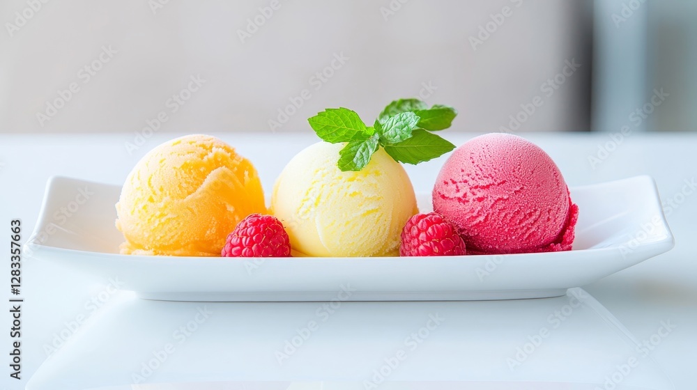 Colorful Ice Cream Scoops with Fresh Berries and Mint Garnish Colorful Ice Cream Scoops with Fresh Berries and Mint Garnish