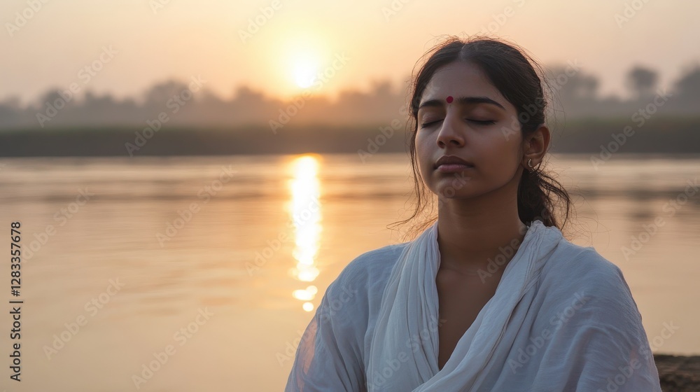 Woman Meditates Peacefully By River At Sunrise Woman Meditates Peacefully By River At Sunrise