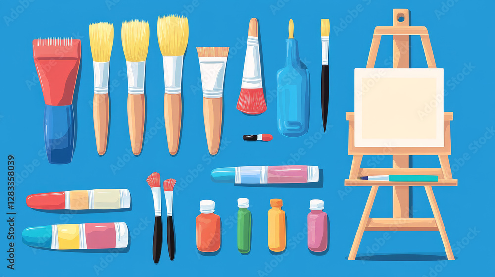 Fototapeta premium Art tools for painting studio and school concept. Cartoon vector illustration set of artist equipment and stuff - wooden easel with paper for drawing, paint in tube, pencil, spatula and brush in glass